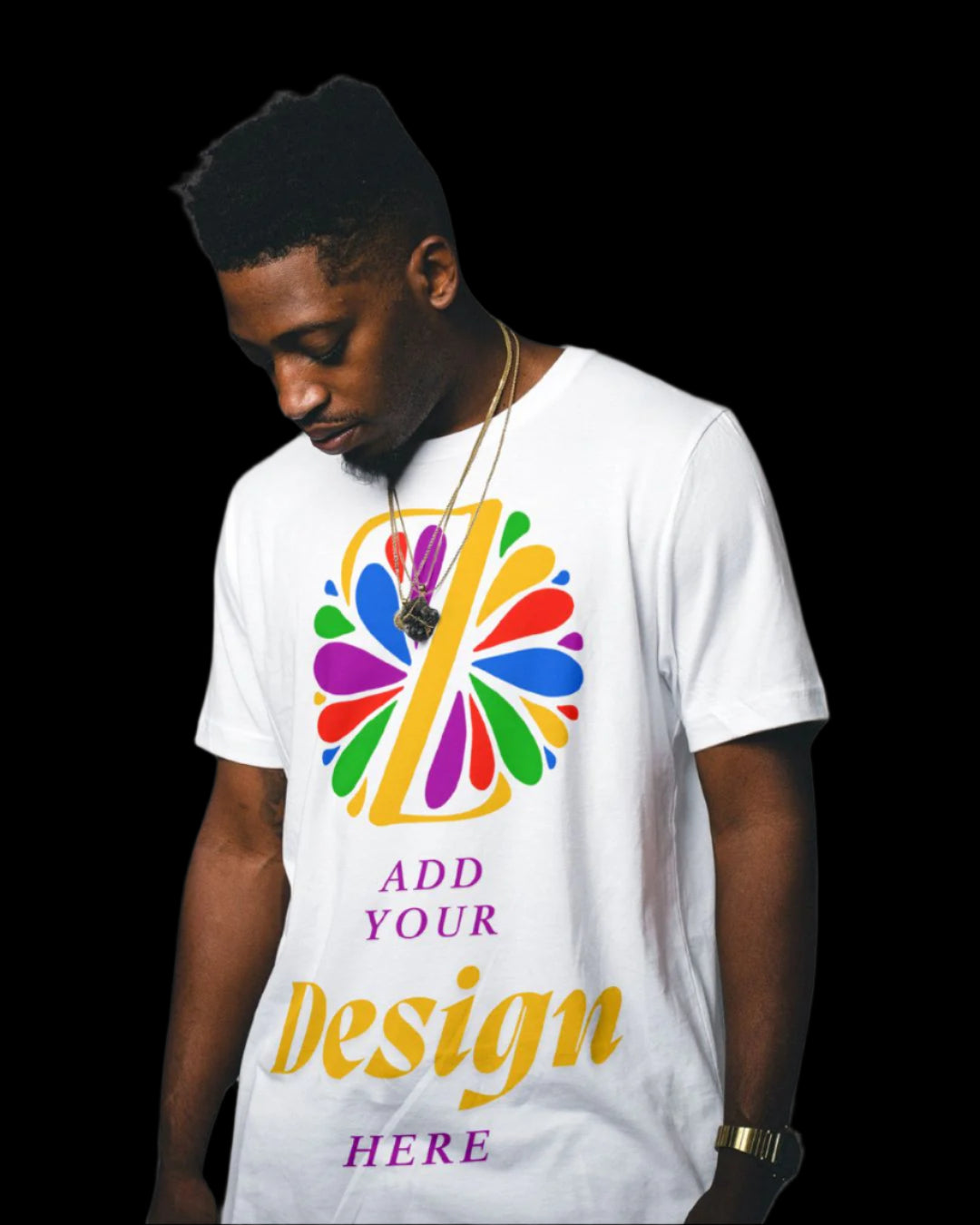 Man wearing a white t-shirt with a colorful design and text on a white background