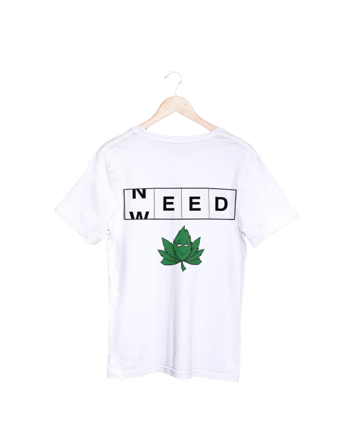 A white short-sleeve crewneck t-shirt hanging on a wooden hanger against a light gray background. The shirt features a graphic print with the word 'WEED' in black block letters inside a rectangular outline, and a green cartoon-style leaf with a small yellow flower on its head below it.