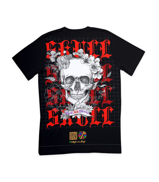 جمجمة وزهور - تي شيرت كبير الحجم