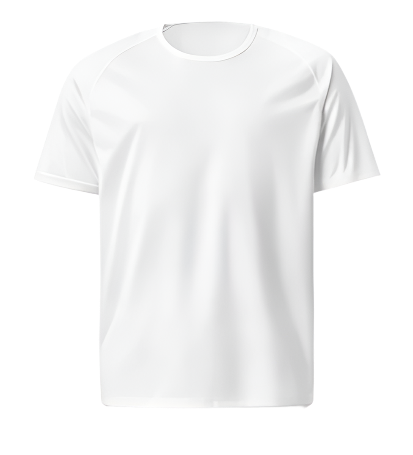 A white, short-sleeved sports t-shirt laid flat against a white background.